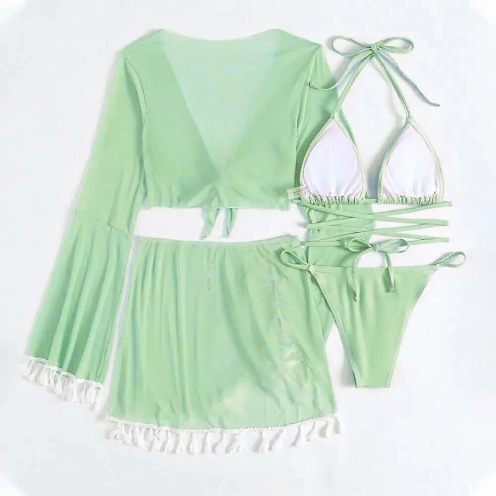 Fashionable women's swimsuit, 4-piece flared sleeve bikini set, camisole bra, high waisted skirt, solid color, suitable for the beach