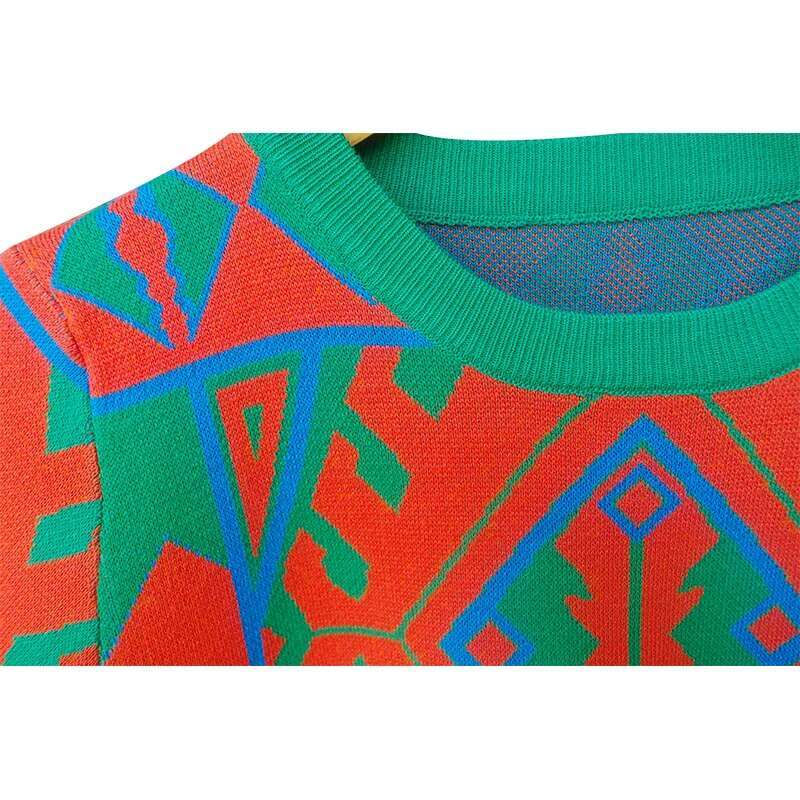 Summer Vintage Patchwork Geometric Pattern Sweater Women Fashion O-Neck Short Sleeve Knitted Pullover Tops Knitwear