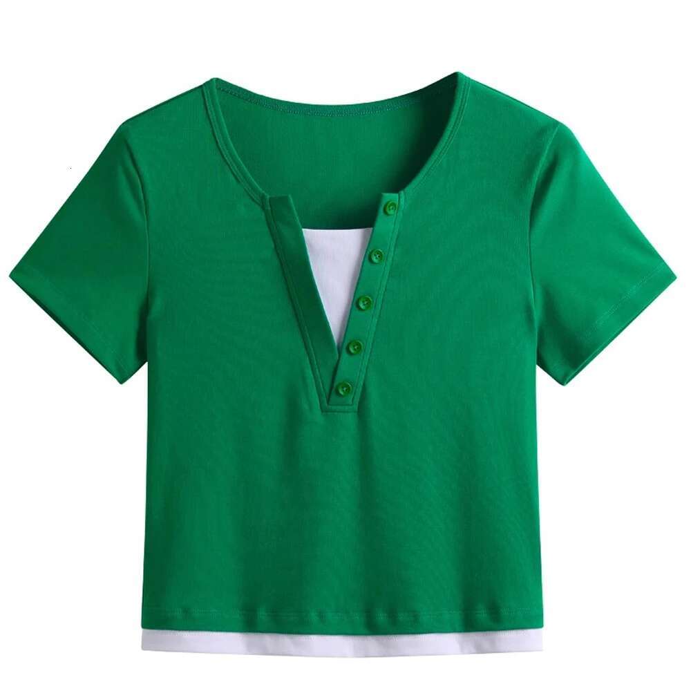 Korean Version Green Pure Cotton Short Sleeved T-Shirt For Women's Summer New High-End Casual Fashion Loose Fake Two-Piece Top