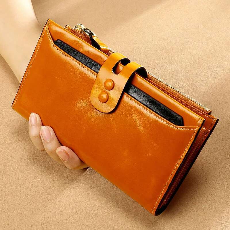 RFID Blocking Genuine Women Long Lady Brand Design Oil Wax Leather Female Wallet Coin Purse
