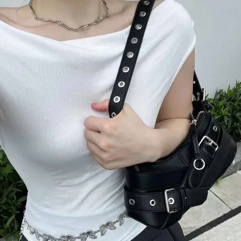 Vintage Belts Deco Women Shoulder Bags Designer Armpit Punk Motorcycle Bag Pu Leather Lady Handbag