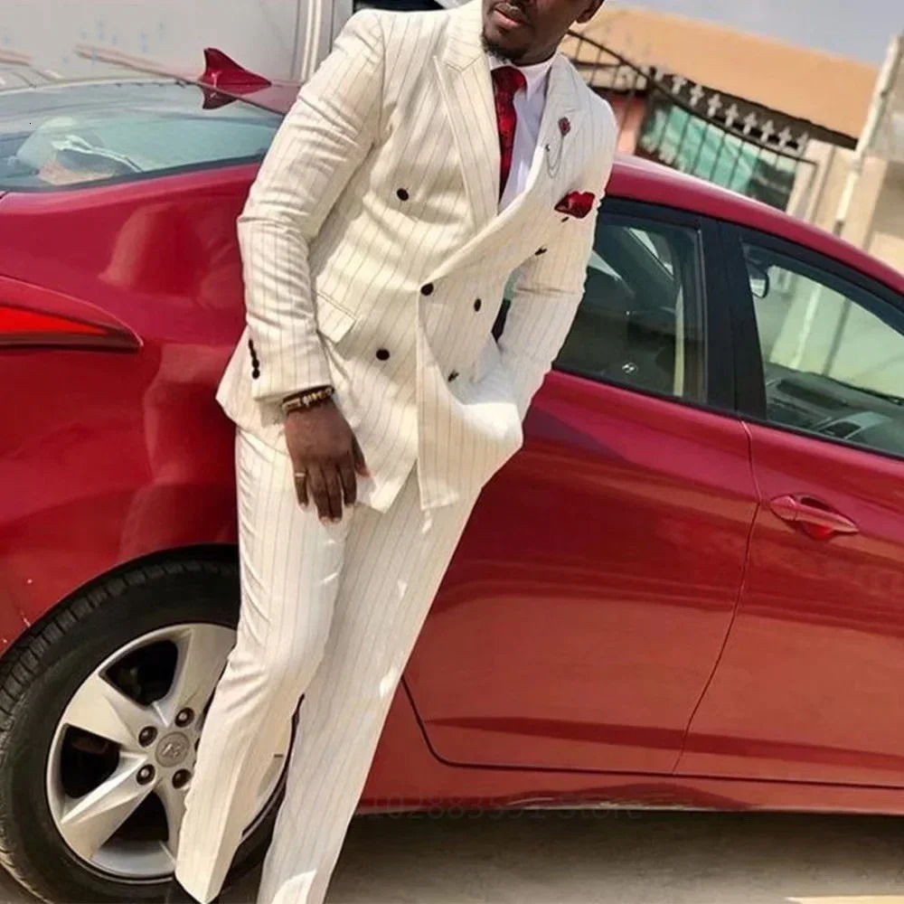 Wedding Suits for Men Stripe Pattern 2 Piece Jacket Pants Formal Full Set Double Breasted Lapel Customized Costume 250224