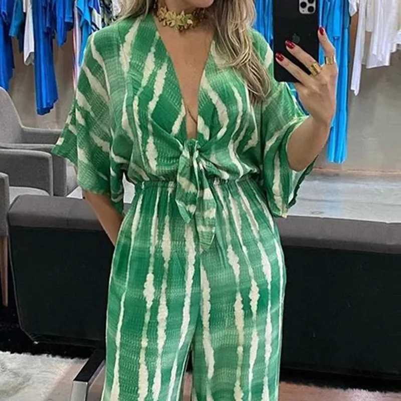 Fashon V-neck Bandhnu Womens Wide Leg jumpsuit 2025 Summer Shoulder High Waist Elegant Lace Up jumpsuit S-3XL X250318