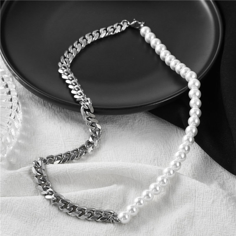 Stainless Steel Imitation Pearl Splicing Necklace Men's Non-fading Titanium Steel Pearl Chain Jewelry
