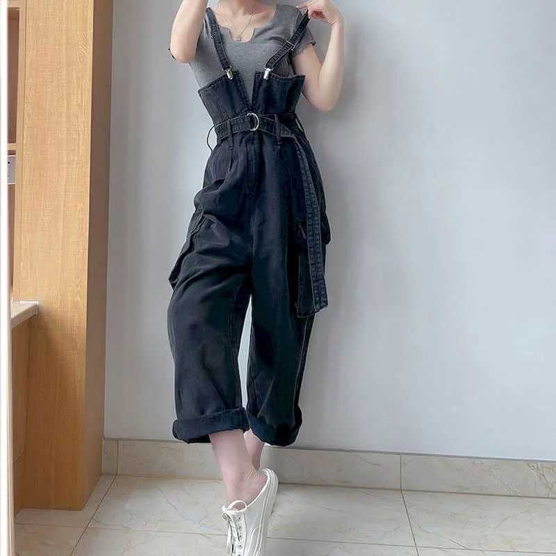 Black denim womens jumpsuit Korean retro Playsuit wide leg pants loose mens tight fitting clothing X250318