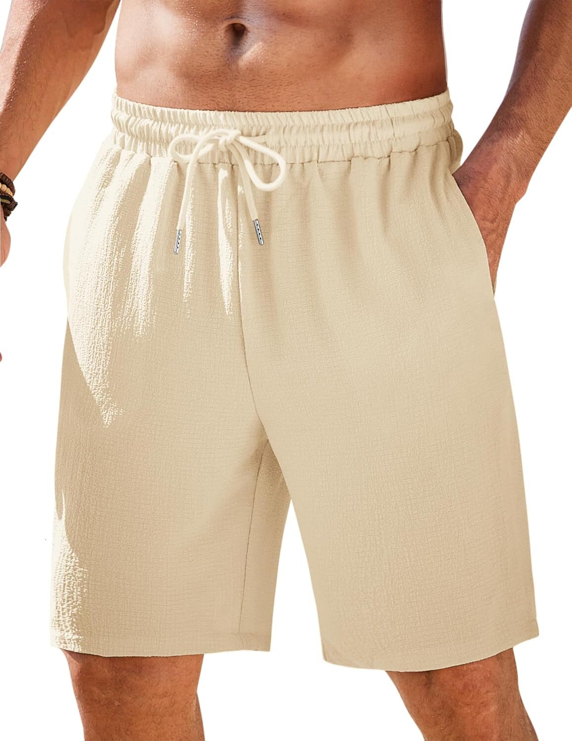 Mens Casual Shorts Elastic Waist Drawstring Textured Summer Beach Short Fashionable solid color