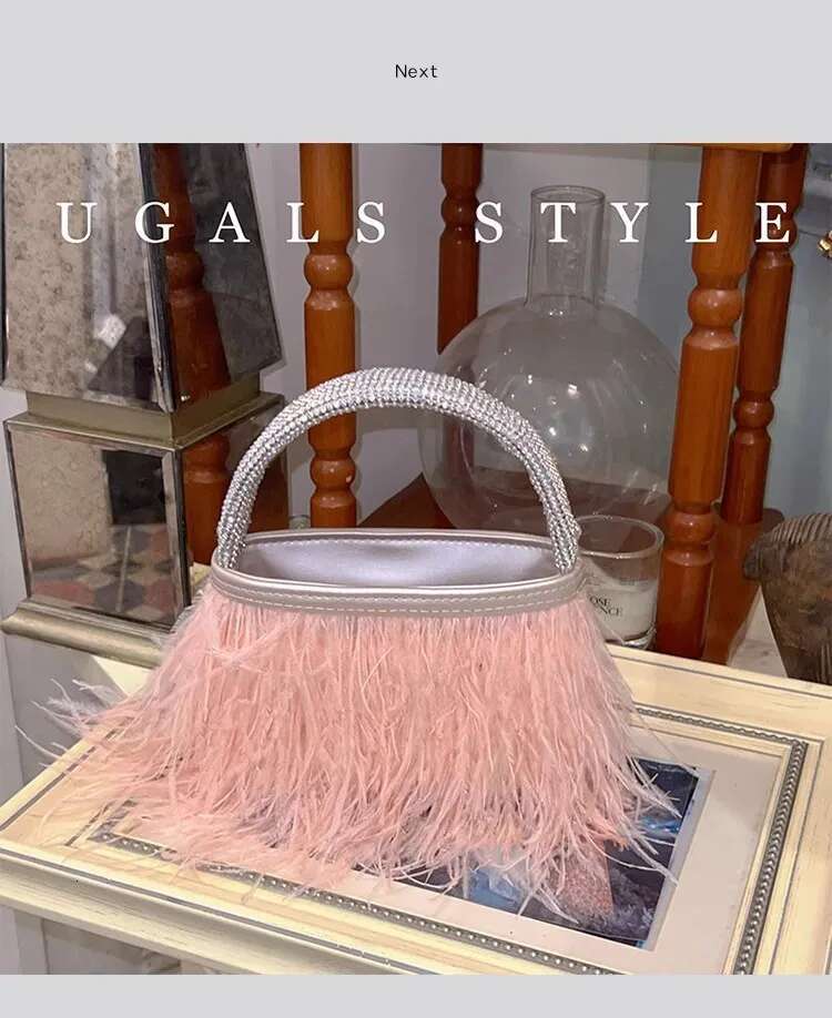 Fashion Ostrich Hair Women's Handbag Glitter Shiny Dia Handle Evening Wedding Party Clutch Purse Shoulder Bag