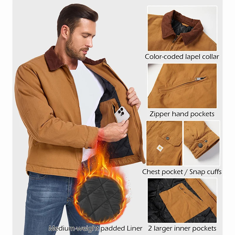 Mens winter cotton jacket warm bedding lining cargo work jacket casual lapel truck jacket 250318