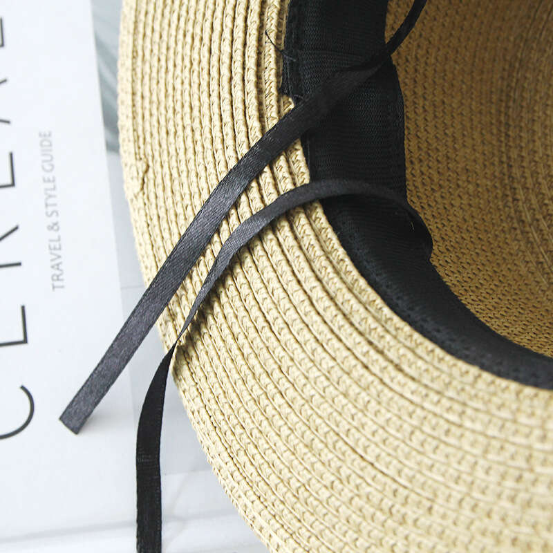 Flat topped straw women's French pearl bow, flat edge hat, beach vacation style, sun protection hat