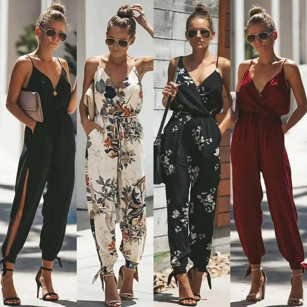 Hot selling womens summer sexy backless casual Dp-V printed shoulder strap jumpsuit X250318