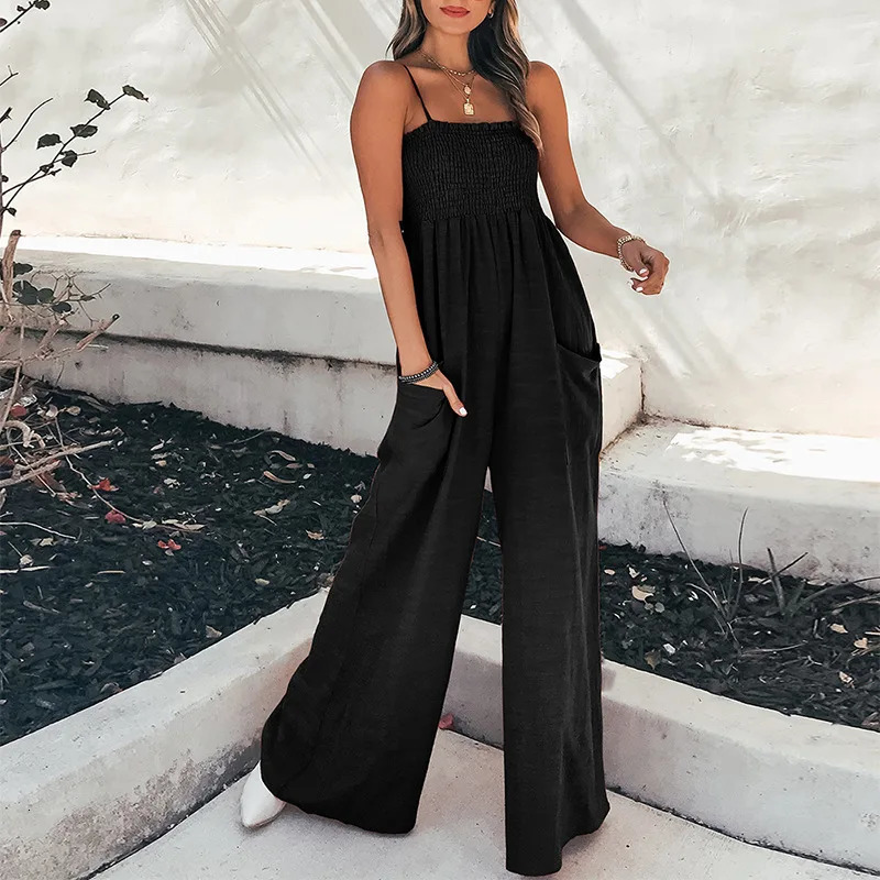 Womens Jumpsuit Suspender Straps Pleated High Waist Wide-leg Pocket Fashion High Street One Piece Pants Set 250314