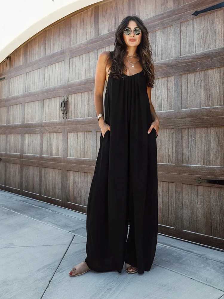 Loose wide leg American jumpsuit womens pendant summer new pocket pants casual pants womens solid straight seaside clothing X250318