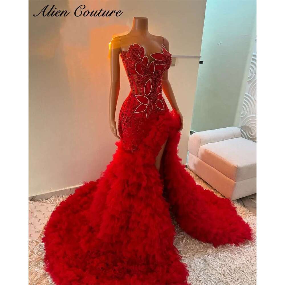 Red Mermaid Prom Dresses Party Vestidos Sweetheart Sparkly Crystal Dias Ruffles Tiered Evening Gown Customized Dr0318