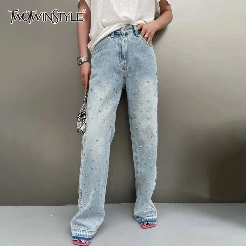 TWOTWINSTYLE Spliced Dias Jeans For Women High Waist Casual Loose Temperament Autumn Jean Female Fashion Style Clothing New
