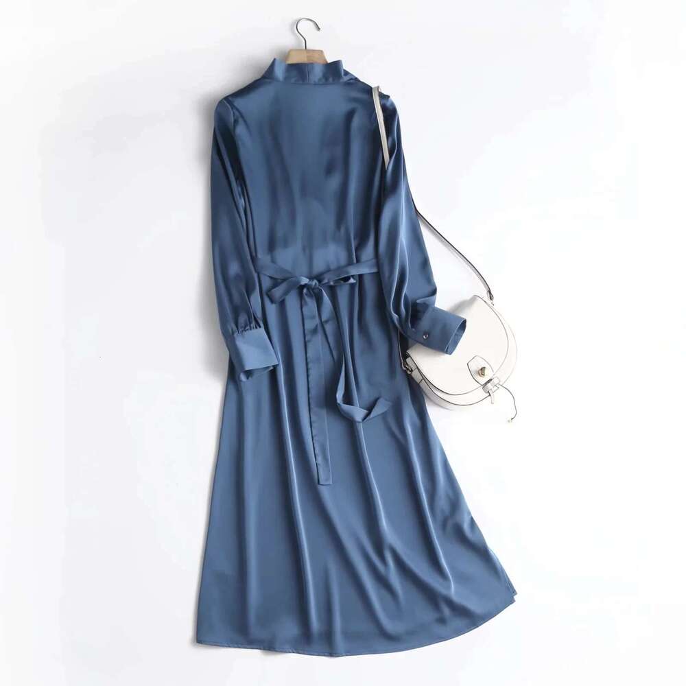 Maxdutti Autumn Loosedress Wome Elegant Midi Dress Women England Style Fashion Simple Satin V-Neck Party N Long Dresses Vestidos