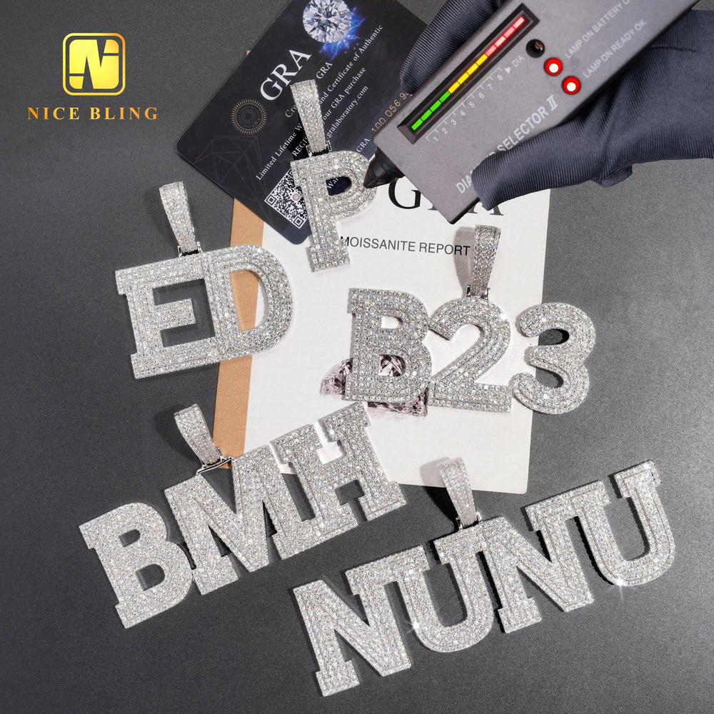 Iced Out Jewelry Custom Hiphop Letter Pendants A-Z Letters 0-9 Number Pendants Moissanite Initial Pendant 925 Silver Jewelry