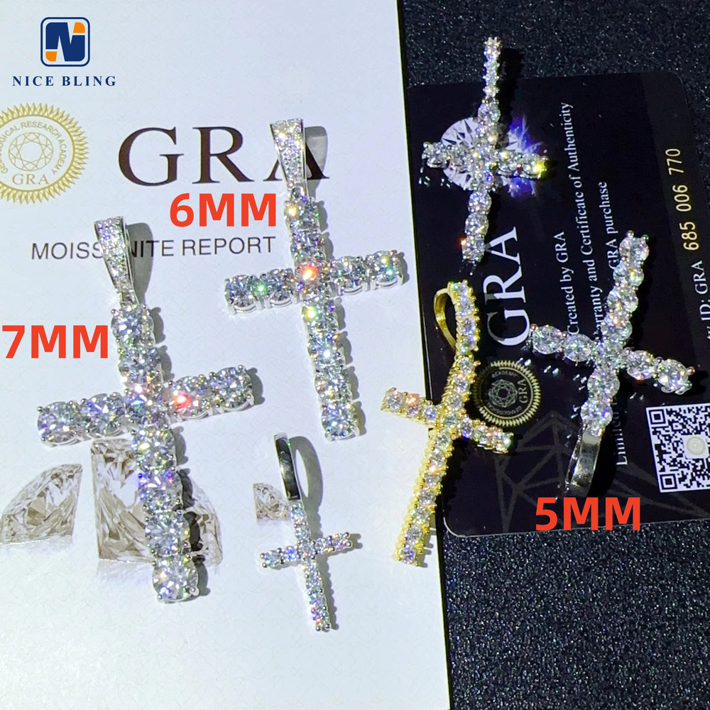 Custom Sizes Diamond Cross Pendant Pass Diamond Tester Sterling Silver Hip Hop Moissanite Jewelry 5mm 6mm 7mm Cross Pendant