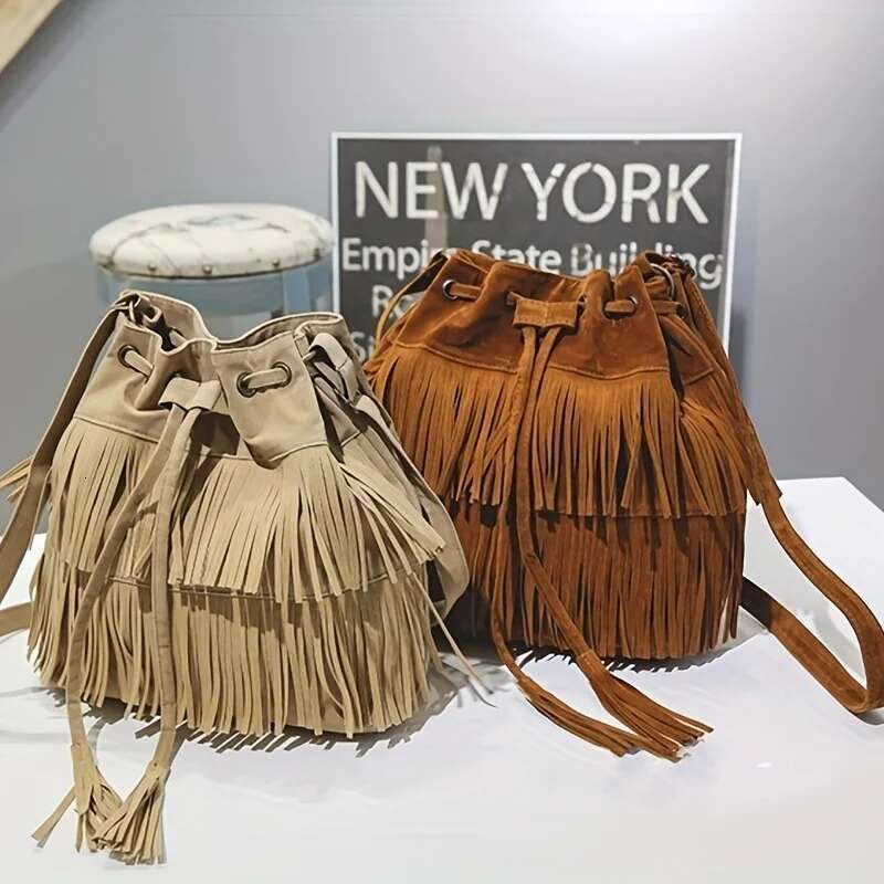 Fashion Soft Veet Frosted Tassel For Women With Drawstring Bucket One Shoulder Straddle Bag