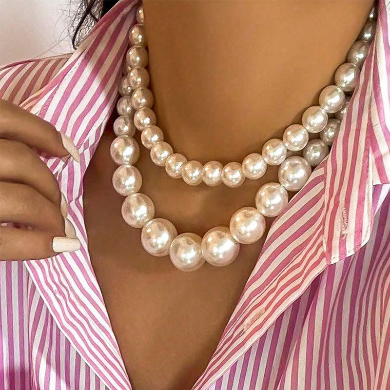 Double Layer Imitation Pearl Necklace Women French Exaggerated Overlapping Wear Size Pearl Splicing Item Jewelry