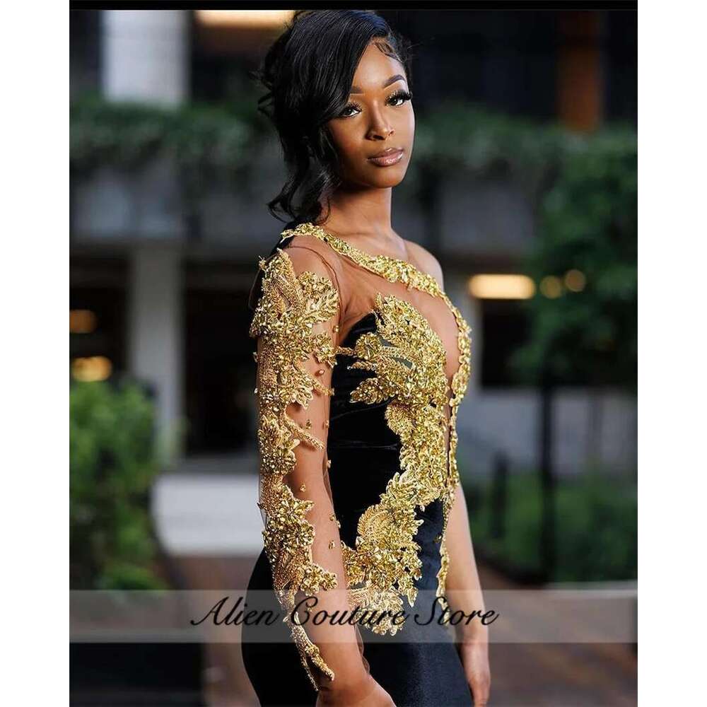 Black Velour Mermaid Prom One Shoulder Beading Gold Crystal Rhie Birthday Dress Women Evening Gown Customized Dr0318