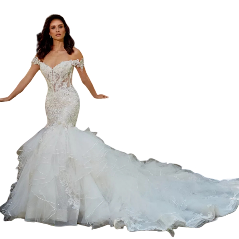 Cathedral Length Mermaid Wedding Dresses Lace Appliques Off Shoulder Elegant Bridal Gowns Ruffles Long Train Bride Dress Custom Made