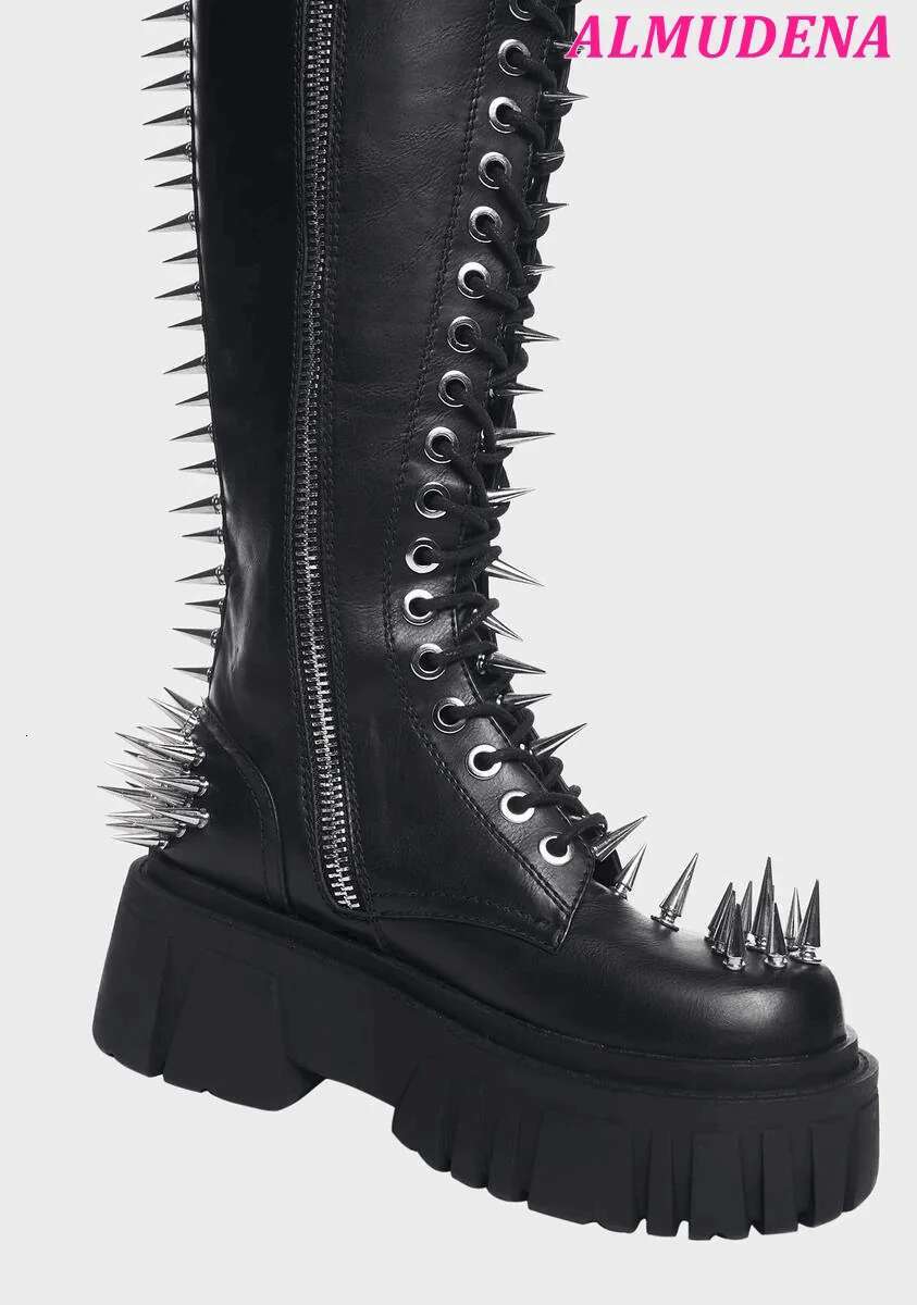 Black Spiked Studs Knee High Women Leather Lace Up Platform Flat Punk Long Boots 2024 New Big Size Designer Shoes