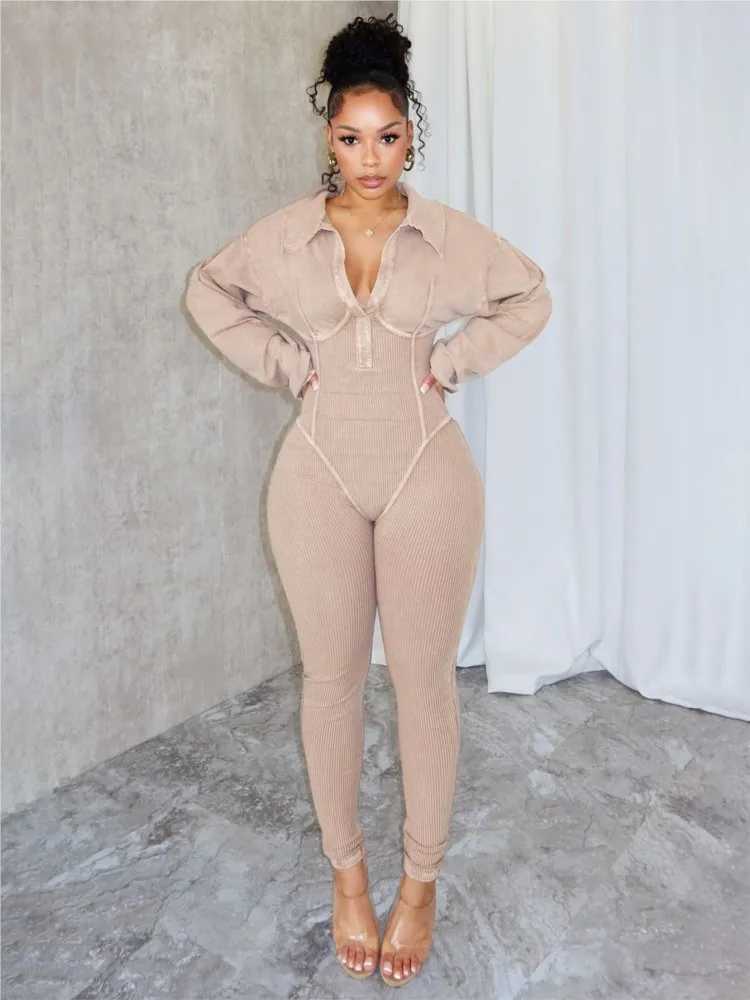 Womens Clothing 2025 Spring Summer New Fashion Bubble Slves Sexy Dp V Tight Waist Casual Long Slved Jumpsuit Pants X2503181