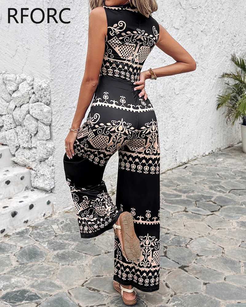 2024 Womens Allover Retro Pattern Strapless Round Neck Wide Leg Casual jumpsuit X250318