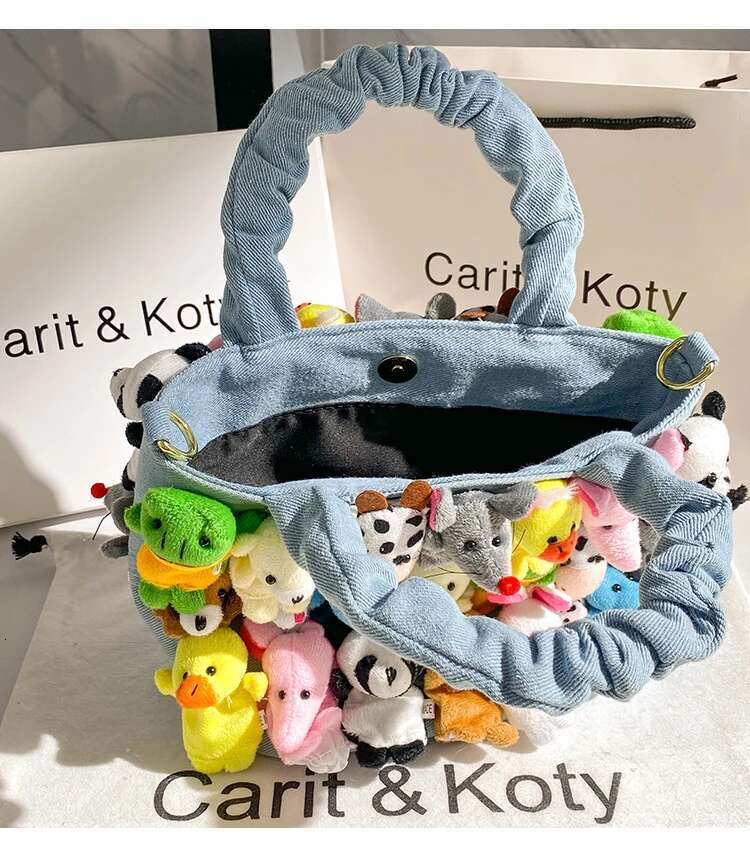 Blue Denim Cute Cartoon Doll Bucket Fashion Women's Handbag Lady Purse Shoulder Messenger Female Tote Casual Bag