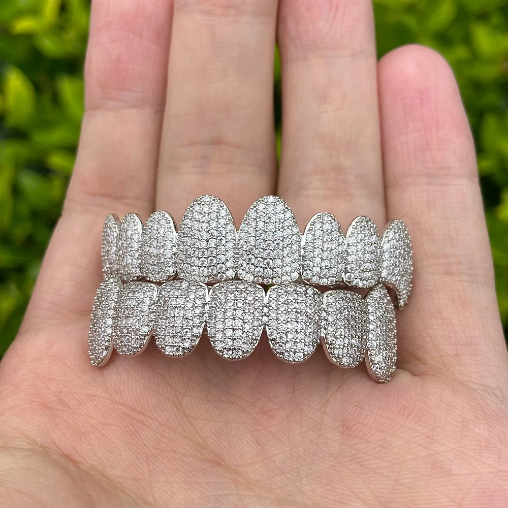 YOUNGX Hip Hop 8/8 Full Iced Out CZ Stone Teeth Top Bottom Zircon Tooth Caps For Women Men Body Jewelry Cosplay Fangs 250318