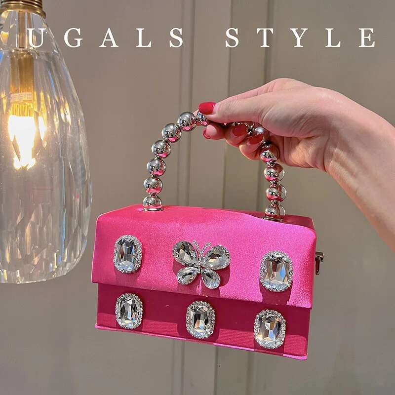 Designer Satin Square Box Crystal Shiny Dias Evening Women's Handbag Wedding Party Clutch Purse Crossbody Bag