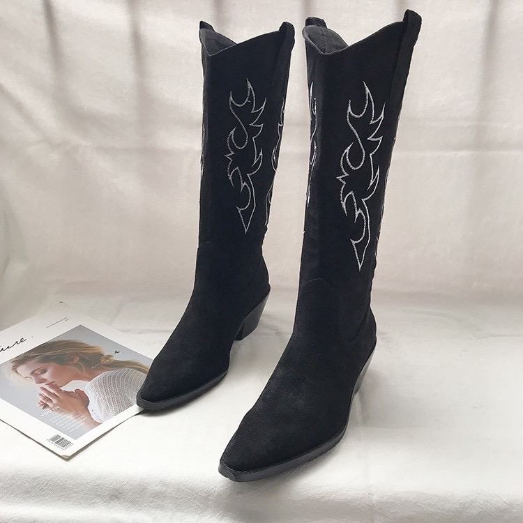 2025 new women's danxuefei natural leather 5cm chunky heel pointed toe slip-on autumn knee high western casual long boots hot c6d8