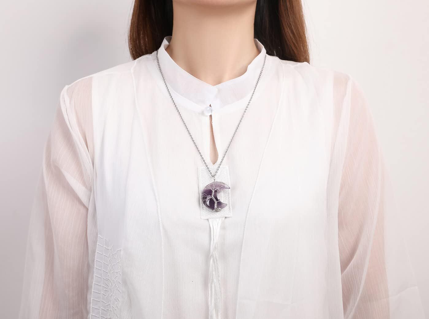 Women's New Moon Pendant Tree of Life Metal Wire Wrapped Crystal Necklace Natural Quartz Jewelry Women and Men