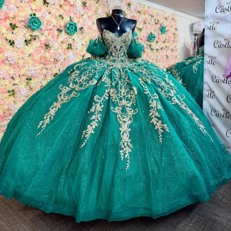 Emerald Green Shiny Princess Ball Gown Quinceanera Dresses Lace Appliques Crystals Beading Tull Sweet 16 Dress vestidos de 15 anos