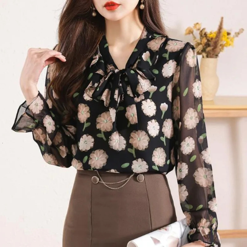 Women Spring Summer Fashion Printing Lacing V-neck Long Sleeve Chiffon Shirts Ladies Elegant Temperament All-match Casual Tops 250318