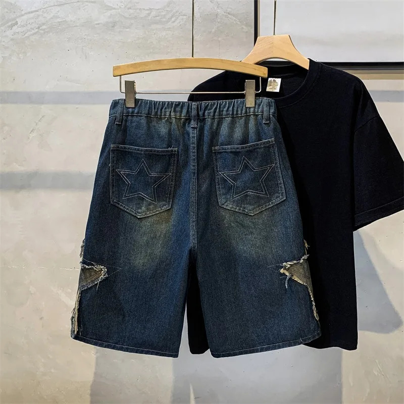 Star Shaped Mens Denim Shorts Solid Color Pocket Fashion Casual Harajuku Street Wear 250317