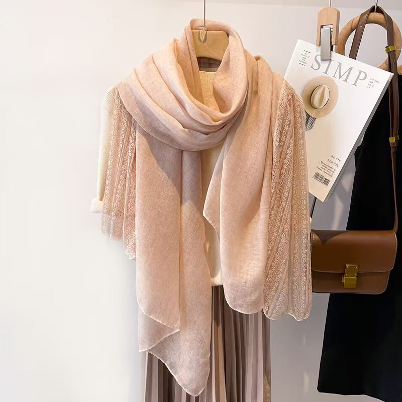 T310 Spring and Autumn new lace splicing versatile scarf female long fashion neck shawl literary cotton and linen thin silk scarf
