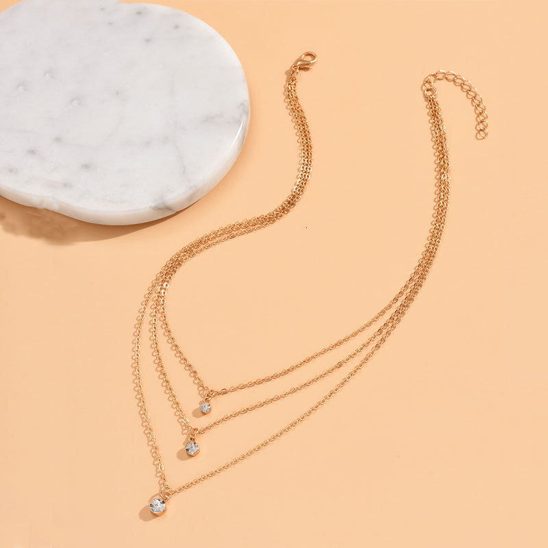 Three-layer Round Rhinestone Pendant Necklace For Women Simple Fashion Multi-layer Choker Collarbone Chain Jewelry