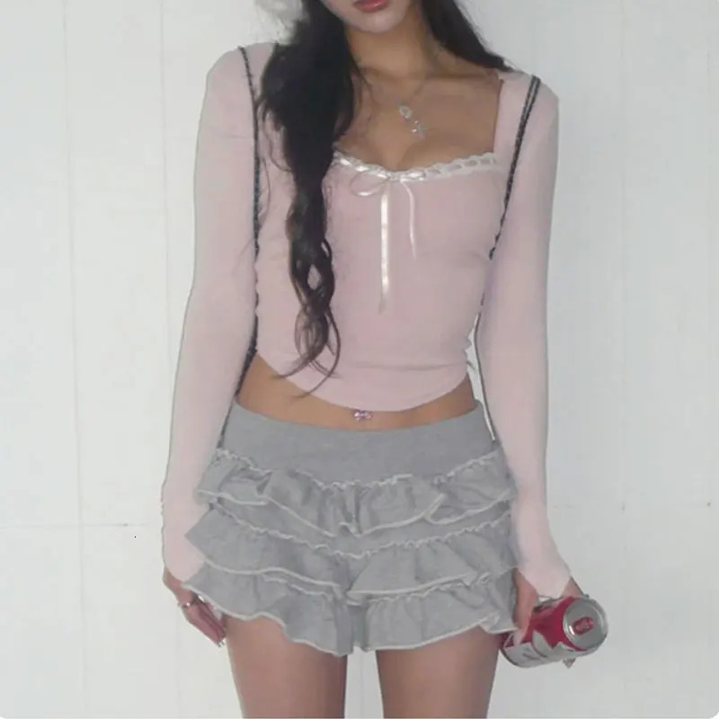 Mooyu Cute Bandage Bow Cropped Top Pink Sweet Coquette Sweet T Shirts Fall Spring Casual Square Collar Tees Women y2k Aesthetic 250318