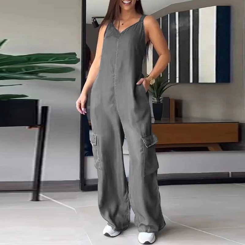 Sexy V-neck imitation denim jumpsuit womens spring clothing pocket straight pants Playsuit jumpsuit summer high waisted backless tight jumpsuit X25031