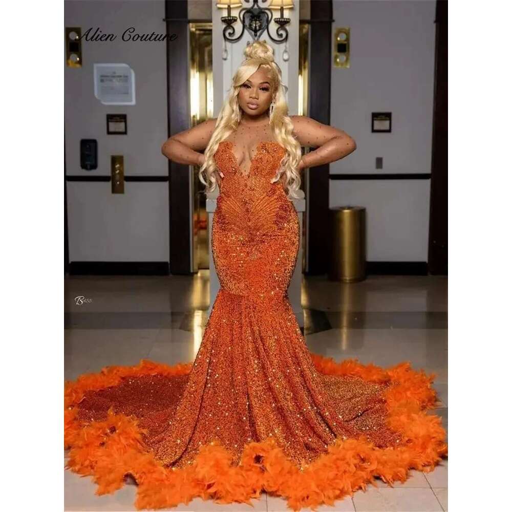 Sparkly Orange Prom Dresses 2025 Long Sleeves Crystal Beading Gems Sequins Birthday Party Gown For Black Girls Customized Dr0318
