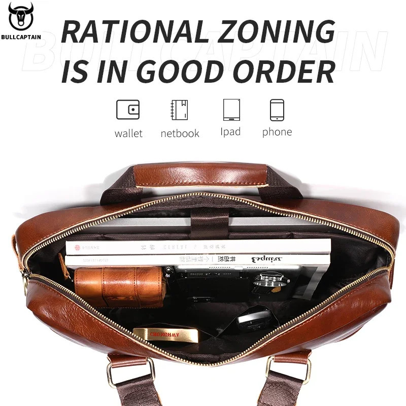 Bullcaptain briefcase shoulder bag mens genuine leather 14 inch laptop handbag office business mens fashionable simple briefcase 250317
