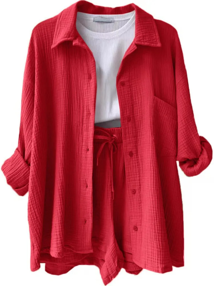 Two Pieces Womens Summer Sets Muslin Blouse Shirt And Shorts Set 2 Piece Beach Outfit Suit Two Piece Simple Female Clothing250312