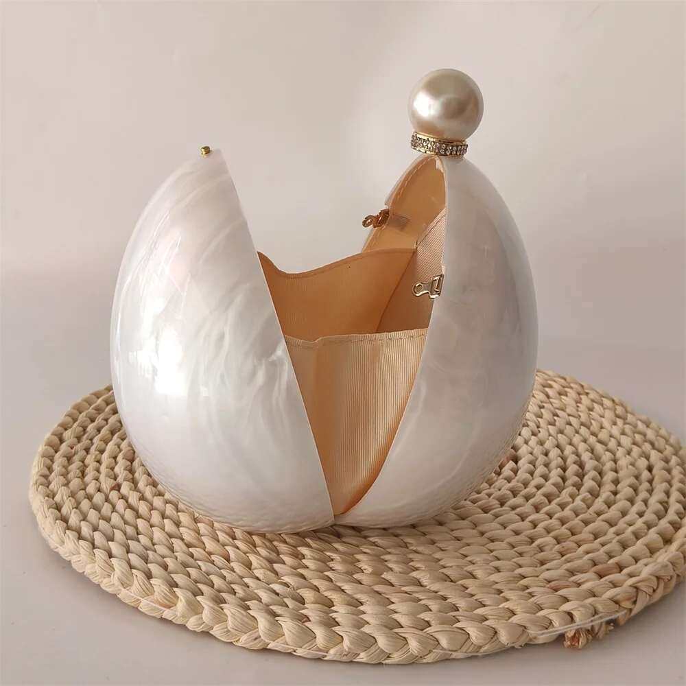 White Ball Women Trendy Acrylic Evening Clutch Glitter Marble Purse Banquet Party Prom Handbag Pearl Long Chain Pro Beach Bags