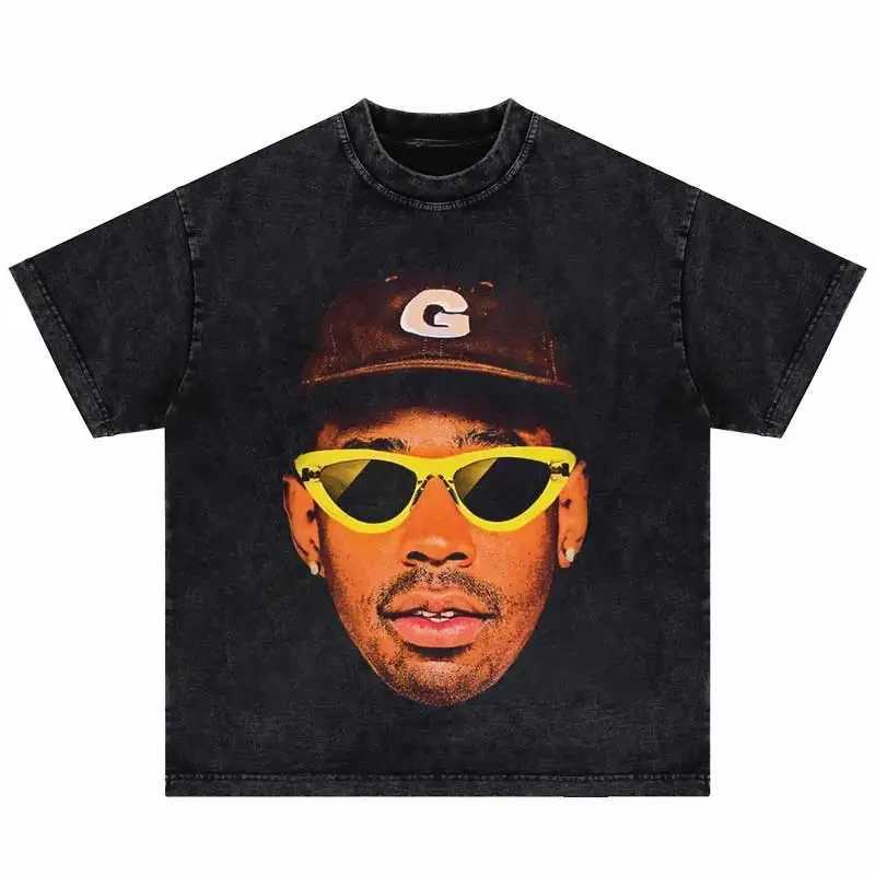 High quality cotton T-shirt vintage hip-hop portrait short sleeved loose mens Harajuku T-shirtT250318