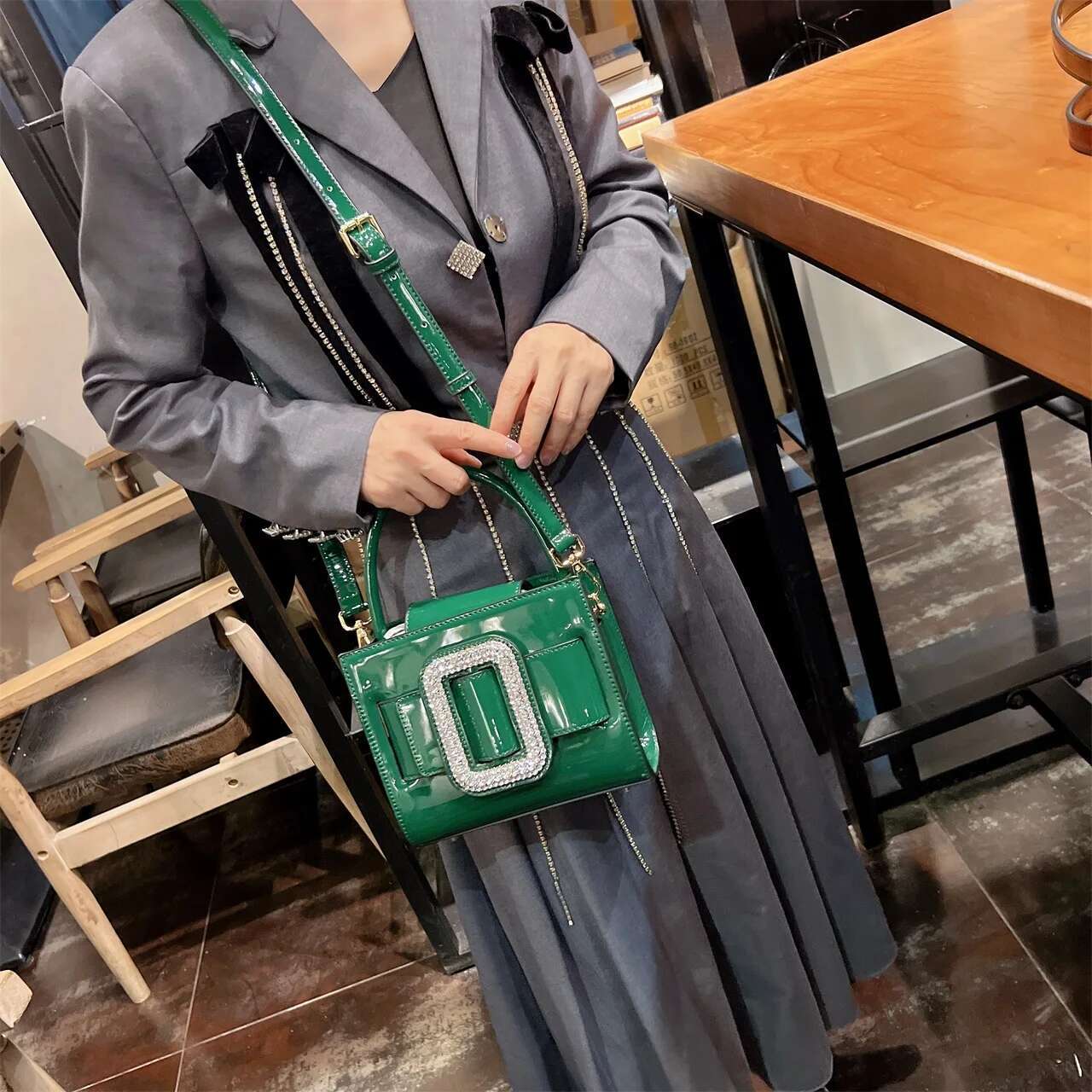 Designer Patent Leather Square Women's Handbag Rhie Dia Buckle Purse Evening Shoulder Crossbody Bag