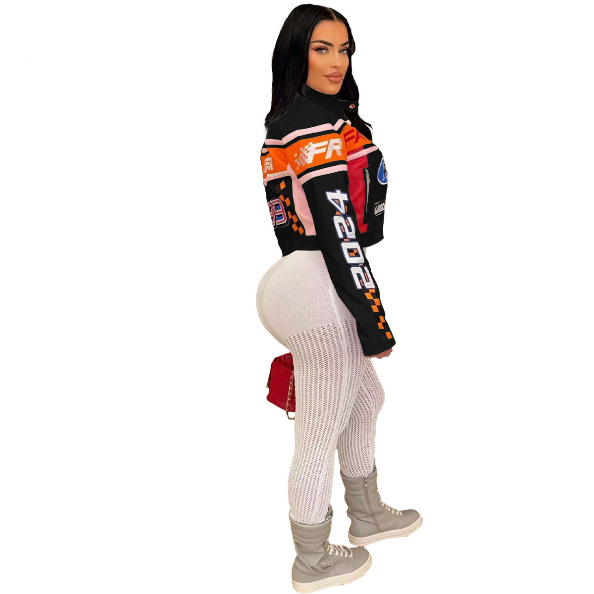 Orange Fall Jacket Winter Streetwear Casual Zip Up Blue Jacket For Women Patchwork Crop TopS fashion Print Trend Coats 250207