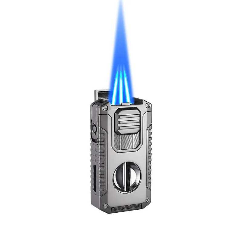 Multifunctional Three-jet Flame Direct Injection Cigar Lighter with Built-in V-shaped Cigar Cutter Portable Five-in-oneC250318