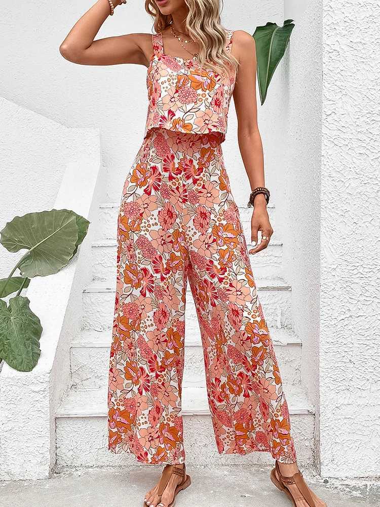 Summer womens printed jumpsuit sexy camisole beach jumpsuit womens jumpsuit X250318