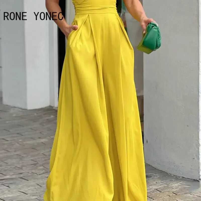 Womens elegant solid shoulder pleated sleeveless hollow bow wide leg formal jumpsuit X250318